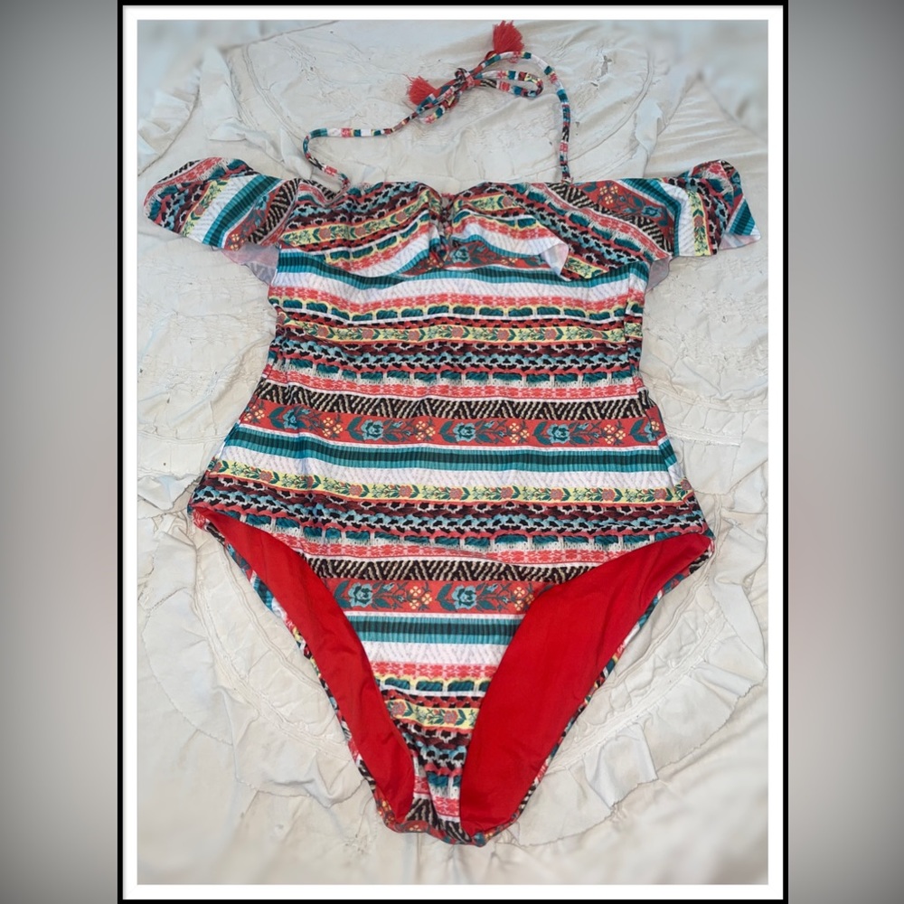 Becca Tapestry Off the
Shoulder One-Piece, Size L, Color Orange Multicolor